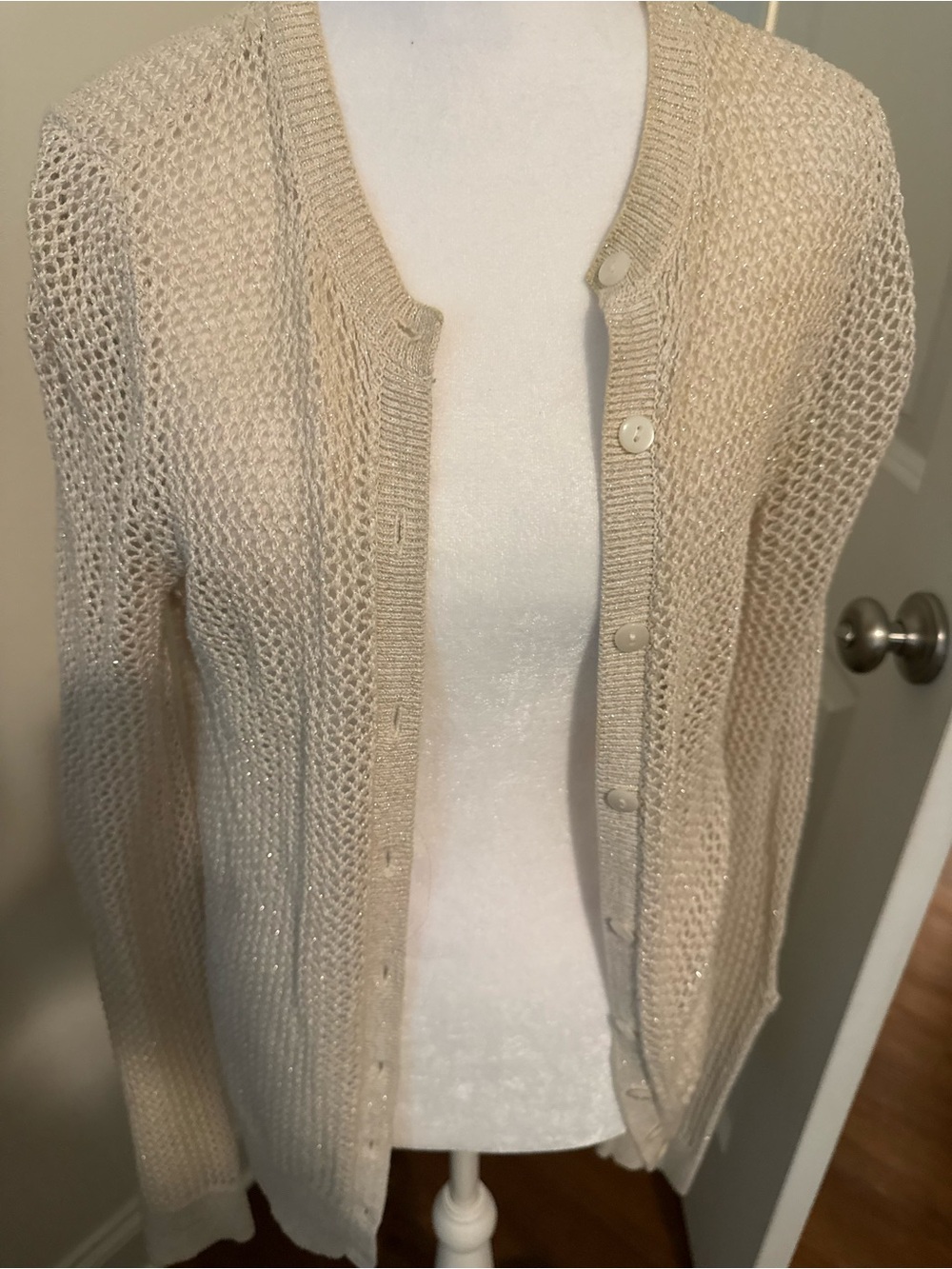 Women's Cream Open-Knit Button Cardigan Sweater